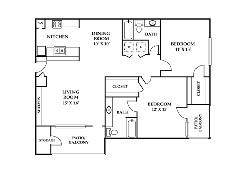 Floor plan for 2 beds, 2 baths, 1214 sqft